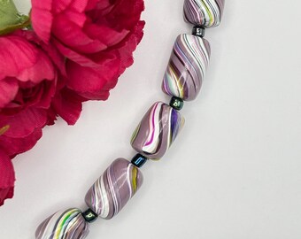 Set of Bright and Colorful Striped Handmade Polymer Clay Barrel Shaped Beads