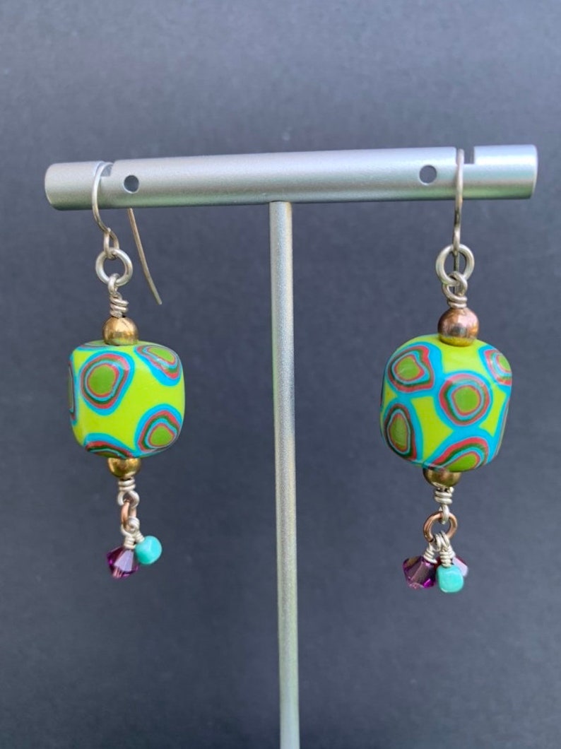 Long Dangle Style Handmade Polymer Clay Bead Earrings on Sterling Silver with Swarovski Crystal Charms immagine 2