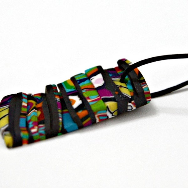 Handmade Polymer Clay Long Pendant in Mosaic Pattern