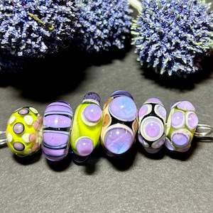 Purple and green handmade lampwork glass bead set