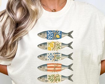 Colorful Sardines T-Shirt: Mediterranean Folk Art Coastal Tee