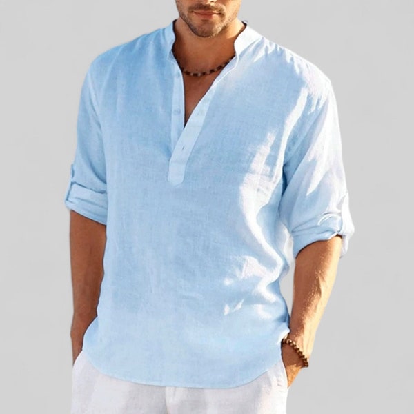 Chemise en lin homme classique à manches longues, Chemise en lin classique avec boutons, Chemise de plage, Chemise en lin de couleur unie