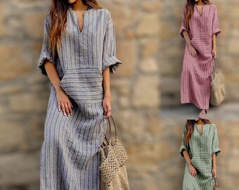 Abbigliamento in lino da donna, elegante abito boho in lino con scollo a V per l'estate, abito in lino ampio con maniche corte, vestibilità ampia e casual.