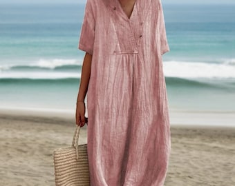 Abbigliamento in lino da donna, elegante abito in lino con scollo a V per l'estate, abito in lino ampio con maniche corte, vestibilità ampia e rilassata.
