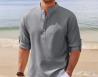 Camicia classica in lino da uomo a maniche lunghe, Camicia classica in lino con bottoni, Camicia da spiaggia, Camicia in lino tinta unita