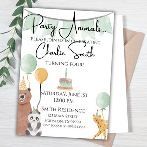 Birthday Party Invitation, Child&#39;s Birthday Invite, Party Animal Birthday Party, Animal Theme Birthday Template, Customizable Digital Invite