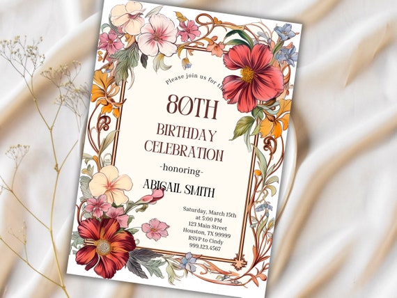 80th Birthday Invitation, 80th Birthday, 80th Birthday Invite, 80th Birthday Invitation Digital, Vintage 80th Birthday Invite, Floral Invite