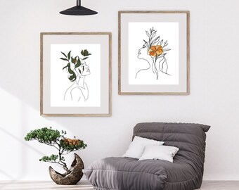 Boho Woman Art Print, Woman Line Art, Flower Wall Art, Boho Floral Poster, Neutral Simple Print, Beige Green Artwork, Printable Wall Art