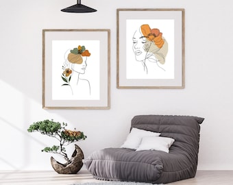 Boho Woman Art Print, Woman Line Art, Flower Wall Art, Boho Floral ...
