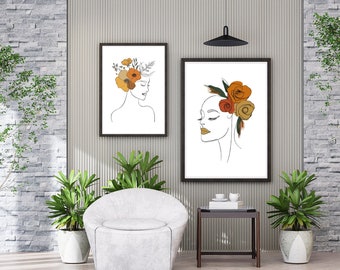 Boho Woman Art Print, Woman Line Art, Flower Wall Art, Boho Floral Poster, Neutral Simple Print, Beige Green Artwork, Printable Wall Art