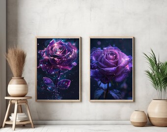 Impresión de bellas artes de lienzo de rosa púrpura para decoración de paredes, pintura de acuarela botánica, impresión de pared de rosas, arte de pared de la naturaleza de las flores, impresión en arte de lienzo