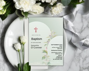 Light Greenery Watercolor Baptism Invitation Template, Baptism Invitation Boy, Christening, Modern, Editable, Instant Download, Minimalist