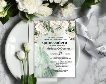 Invitación de Quinceañera de vegetación y oro rosa, plantilla EDITABLE de invitación a fiesta de cumpleaños número 15 de Tiara Rose, Mis Quince Anos, Descarga instantánea