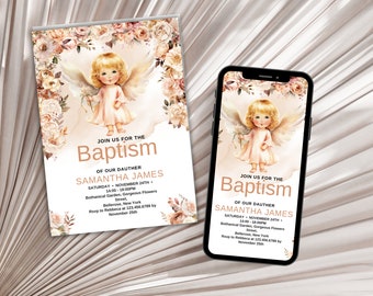 Light Gold Watercolor Baptism Invitation Template, Baptism Invitation Boy, Christening, Modern, Editable, Instant Download, Minimalist