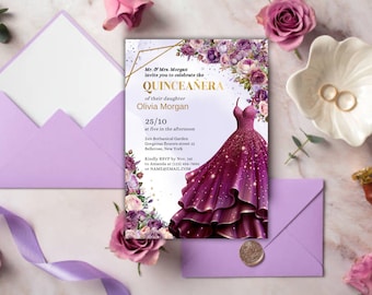 Gold and Rose Gold Quinceañera Invitation, EDITABLE Tiara Rose 15th Birthday Party Invite Template, Mis Quince Anos, Instant Download Q014