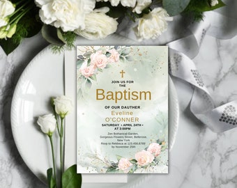 Light Gold Watercolor Baptism Invitation Template, Baptism Invitation Boy, Christening, Modern, Editable, Instant Download, Minimalist
