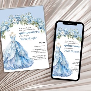Blue and Rose Blue Quinceañera Invitation, EDITABLE Tiara Rose 15th Birthday Party Invite Template, Mis Quince Anos, Instant Download