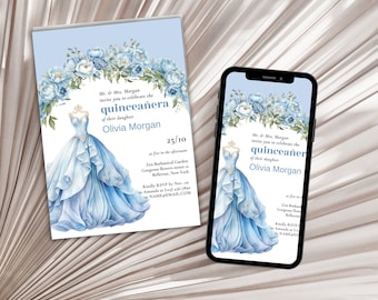 Blue and Rose Blue Quinceañera Invitation, EDITABLE Tiara Rose 15th Birthday Party Invite Template, Mis Quince Anos, Instant Download