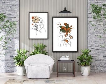 Boho Woman Art Print, Woman Line Art, Flower Wall Art, Boho Floral Poster, Neutral Simple Print, Beige Green Artwork, Printable Wall Art