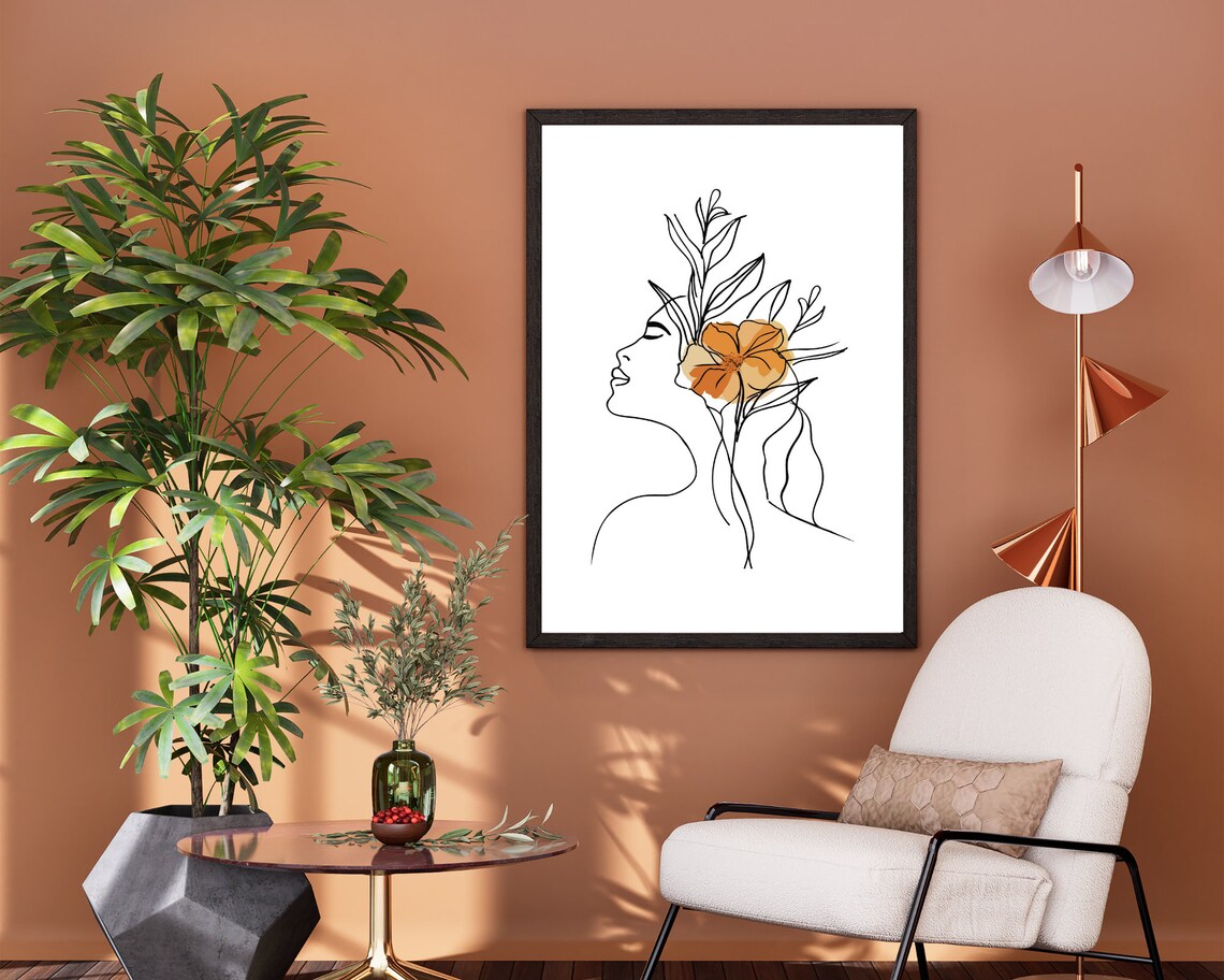 Boho Woman Art Print, Woman Line Art, Flower Wall Art, Boho Floral ...