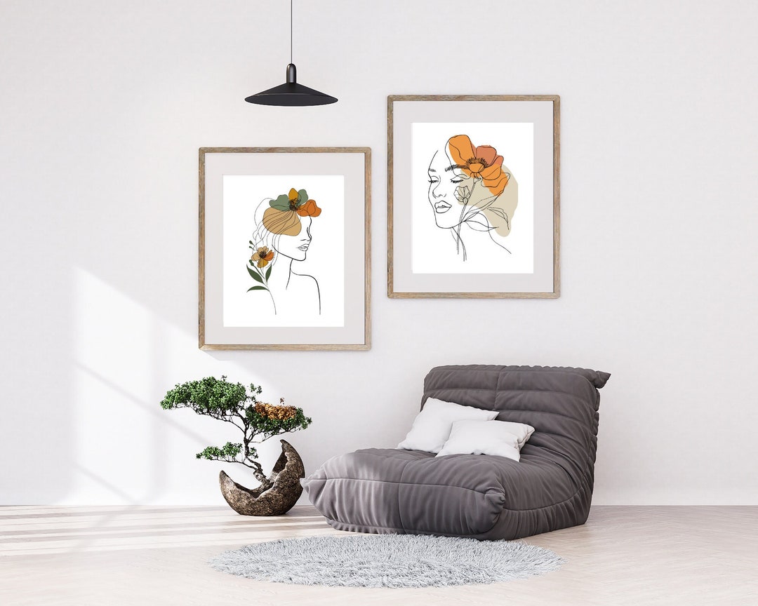 Boho Woman Art Print, Woman Line Art, Flower Wall Art, Boho Floral ...