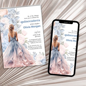 Pink and Rose Gold Quinceañera Invitation, EDITABLE Tiara Rose 15th Birthday Party Invite Template, Mis Quince Anos, Instant Download