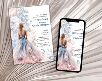 Pink and Rose Gold Quinceañera Invitation, EDITABLE Tiara Rose 15th Birthday Party Invite Template, Mis Quince Anos, Instant Download