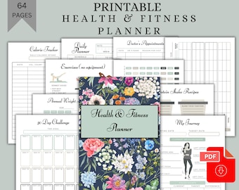 Printable Health and Fitness Planner Bundle, Fitness Journal, Diet, Workout Trackers, Meal planner, Printable template, editable planner,pdf