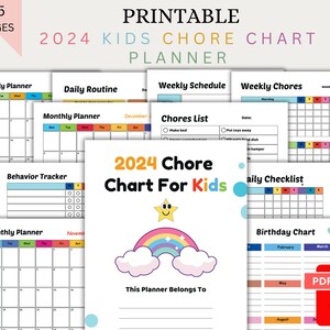 Peut inclure: Un planificateur de tâches ménagères pour enfants imprimable de 2024 avec 35 pages. La couverture présente un arc-en-ciel, des nuages et une étoile. Le planificateur comprend des pages pour la planification mensuelle, les routines quotidiennes, les horaires hebdomadaires, les listes de tâches, les suivis de comportement, les listes de contrôle quotidiennes et les tableaux d'anniversaire.