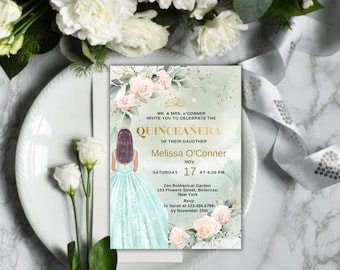 Greenery and Rose Gold Quinceañera Invitation, EDITABLE Tiara Rose 15th Birthday Party Invite Template, Mis Quince Anos, Instant Download