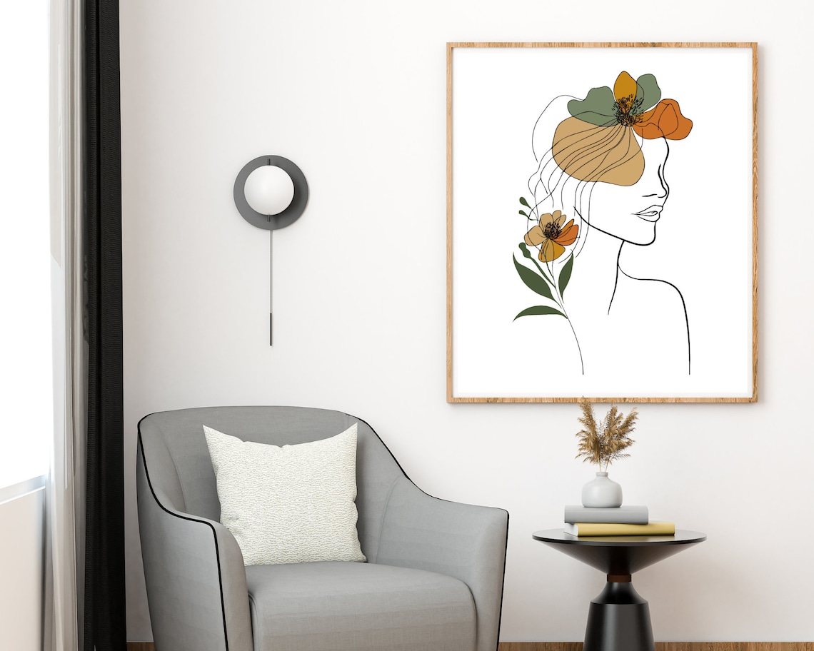 Boho Woman Art Print, Woman Line Art, Flower Wall Art, Boho Floral ...