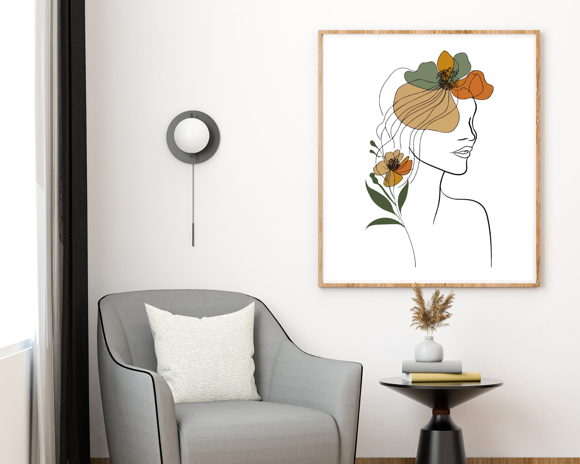 Boho Woman Art Print, Woman Line Art, Flower Wall Art, Boho Floral ...