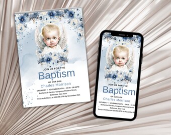 Light blue Watercolor Baptism Invitation Template, Baptism Invitation Boy, Christening, Modern, Editable, Instant Download, Minimalist