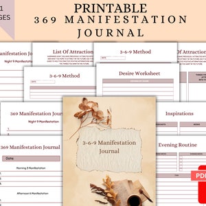May include: A printable 369 manifestation journal with 21 pages. The journal features a rustic design with a brown background and a vintage book and coffee cup. The journal includes sections for night and morning manifestation, desire worksheets, and inspiration lists.