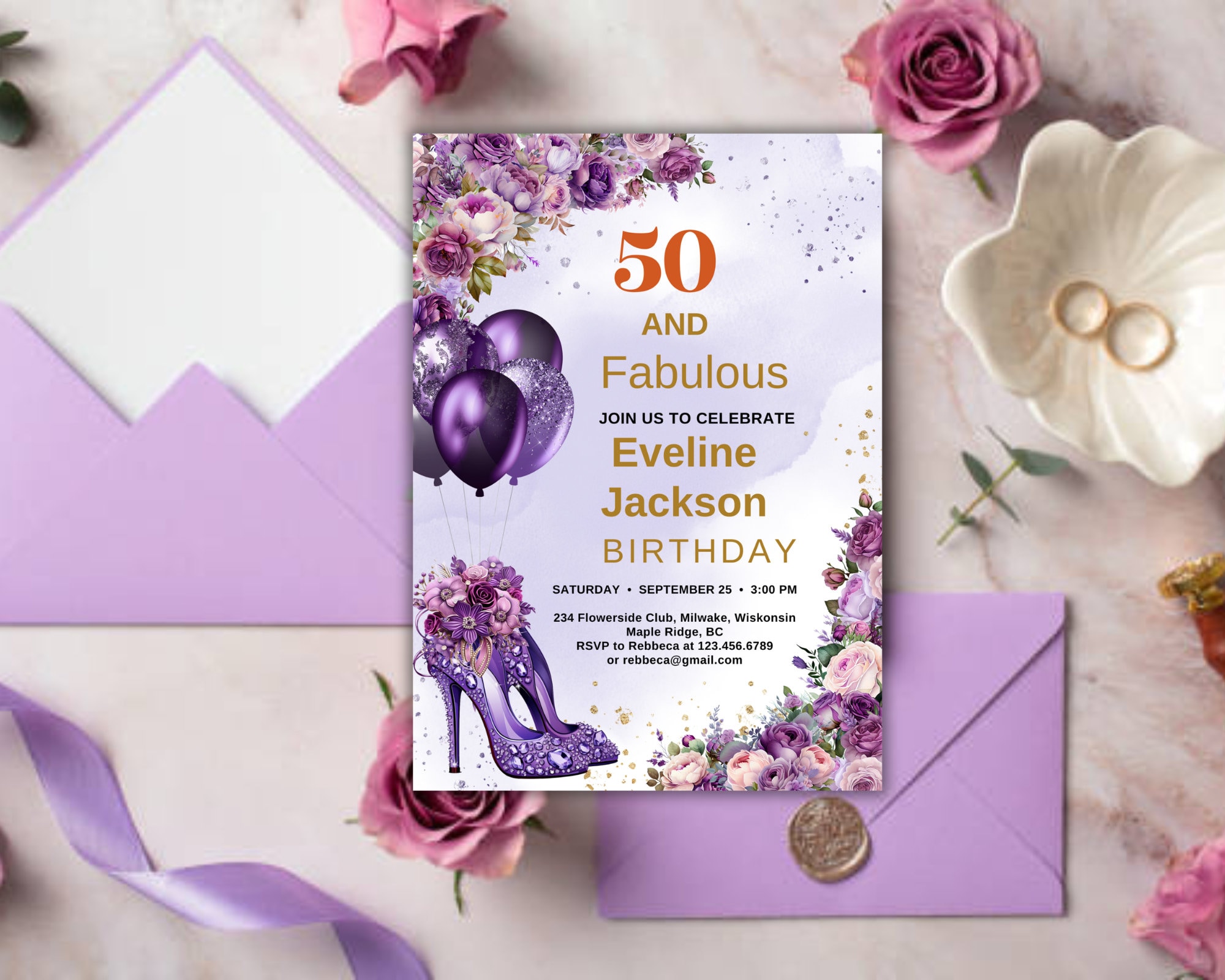 Blush lila Blumen & Goldrahmen 50. Geburtstagseinladung, EDITIERBARE Vorlage, Frauen florale druckbare Geburtstagseinladung, Frauen jeden Alters einladen