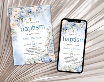 Light blue Watercolor Baptism Invitation Template, Baptism Invitation Boy, Christening, Modern, Editable, Instant Download, Minimalist