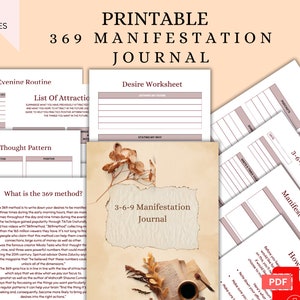 May include: Printable 369 Manifestation Journal with 21 pages. The journal features a brown and white floral design with a cup of coffee. The journal includes pages for evening routine, desire worksheet, thought pattern, and 3-6-9 method.
