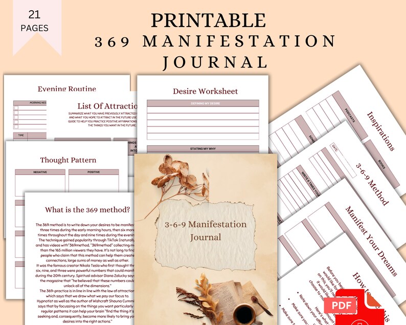May include: Printable 369 Manifestation Journal with 21 pages. The journal features a brown and white floral design with a cup of coffee. The journal includes pages for evening routine, desire worksheet, thought pattern, and 3-6-9 method.