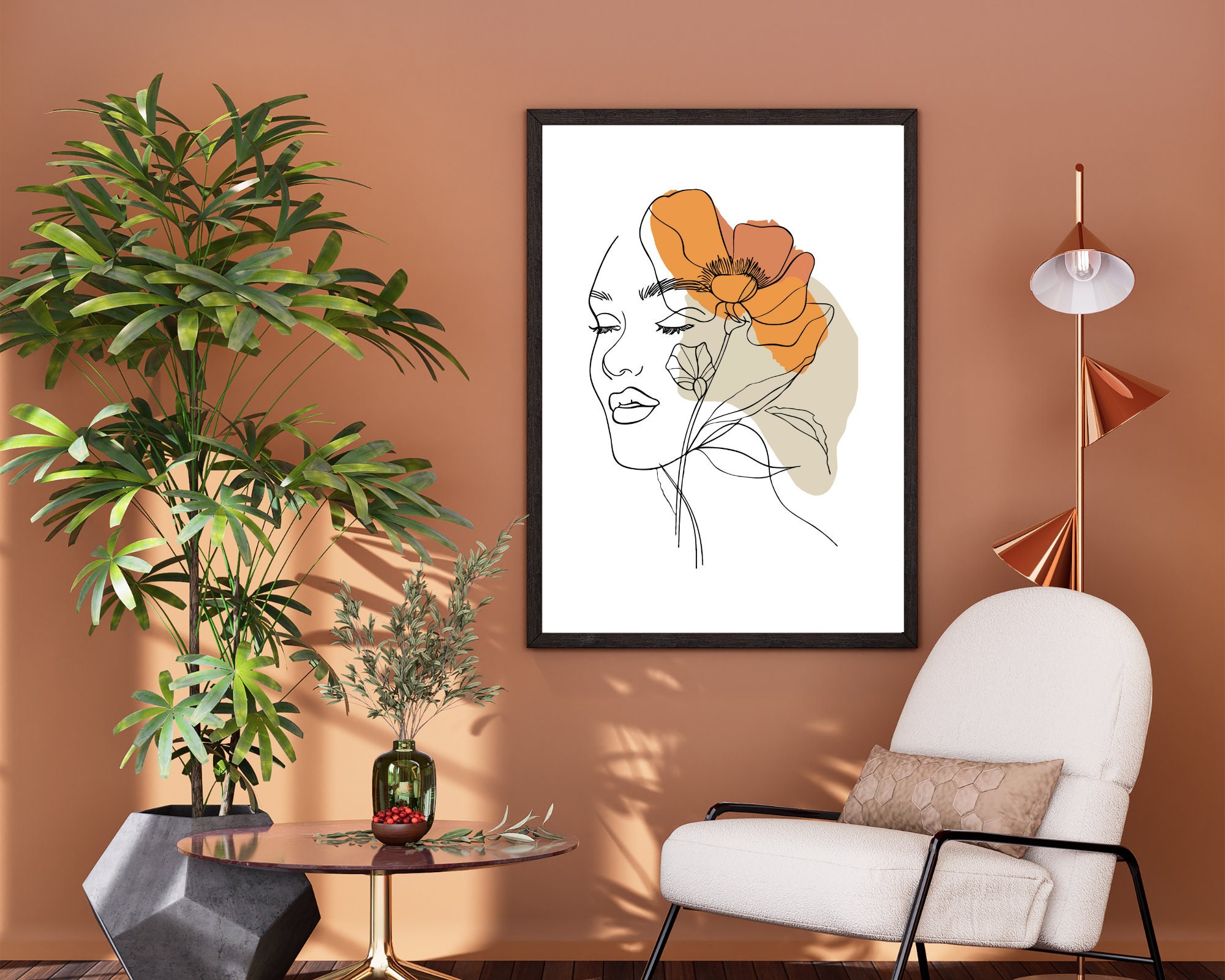 Boho Woman Art Print, Woman Line Art, Flower Wall Art, Boho Floral ...