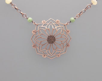 Flora Necklace - Peruvian Opal, Yellow Jade, Citrine, Turquoise, Moonstone, Prehnite, Trade Beads, Lamp Work Beads, Copper