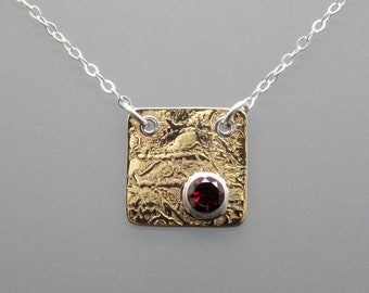 Scarlett Necklace - Bezel Set Faceted Garnet Etched Riveted Brass Sterling Silver Necklace