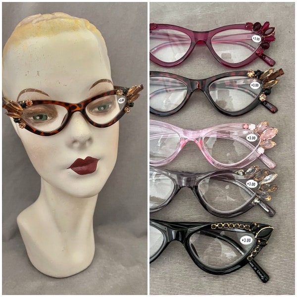 2.0 Strength, 1950s Styled Jeweled Cat Eye Readers, Hand Embellished, Vintage Glass Stones, c. 1940s-50s, 2 Colors, VLV