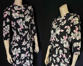 Fabulous 1930s, 1940s Floral on Silky Black Rayon Occasion Dress, Back Ruffle, Peplum, Small - Medium