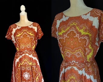 Lovely 1950s McKettrick Summer Weight Cotton Frock, Orange, Rust, Yellow & White Paisley, Medium