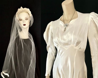 Iconic 1930s, 40s Candlelight Satin Wedding Gown, Wax Flower Crown, Veil, Small - Medium