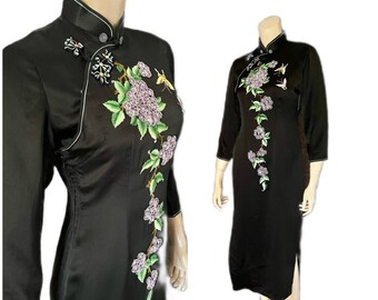 Stunning 1970s Embroidered, Embellished Black Silk Cheongsam,  Floral, Butterflies, Excellent, Long Sleeves, P - S