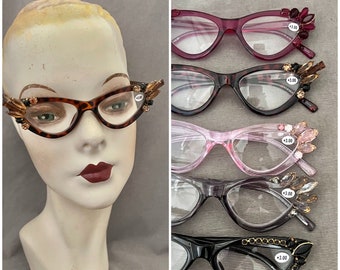 2.0 Strength, 1950s Styled Jeweled Cat Eye Readers, Hand Embellished, Vintage Glass Stones, c. 1940s-50s, 2 Colors, VLV