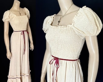 Charming 1970s Cottage Core Boho Prairie Dress by Candi Jones, Off White, Petite, Puffed Sleeves, Petite