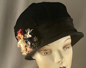 Charming Black Cotton Velvet Small Brimmed Cloche, Walsh Hat Shoppe, Newark, NY, 22, Medium, Excellent