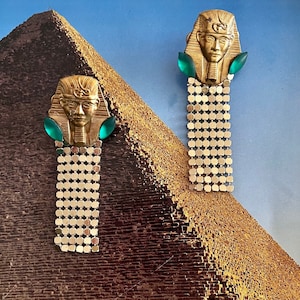 Egyptian Revival , Deco Styled Earrings, Limited Editions, Vintage Gold Mesh, 10 Stone Color Choices